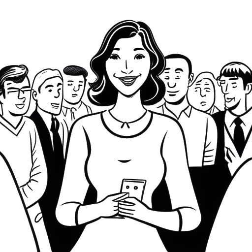 Line art drawing of a woman, representing Anna DeGuzman, standing confidently as the only female participant among male attendees at Cardistry-Con.