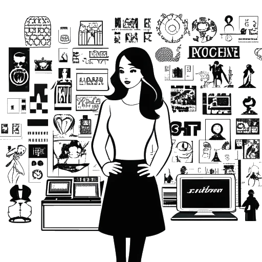 Dibujo de arte lineal de una mujer, representando a Anna DeGuzman, de pie frente a los logotipos de Microsoft, Playboy y Christian Louboutin.