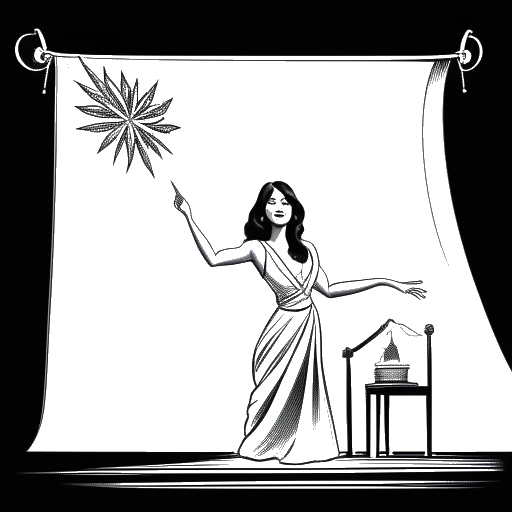 Line art drawing of a woman, representing Anna DeGuzman, performing magic on a stage with a Philippine flag displayed in the background.