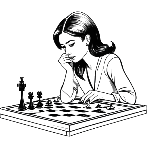 Desenho em arte linear de uma mulher, representando Anna DeGuzman, profundamente pensativa sobre o livre arbítrio, segurando um baralho de cartas em uma mão e um tabuleiro de xadrez na outra.