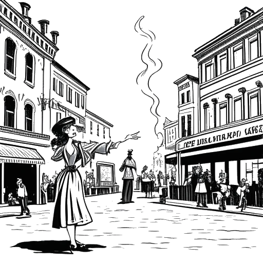 Disegno in bianco e nero di una donna, che rappresenta Anna DeGuzman, mentre fa magie in contesti diversi, tra cui spettacoli di strada ed eventi di alto livello in vari paesi.