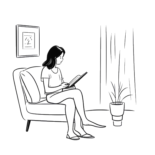 Lijntekening van een vrouw, Anna DeGuzman, die alleen zit in een kamer en een boek leest met een tevreden uitdrukking.