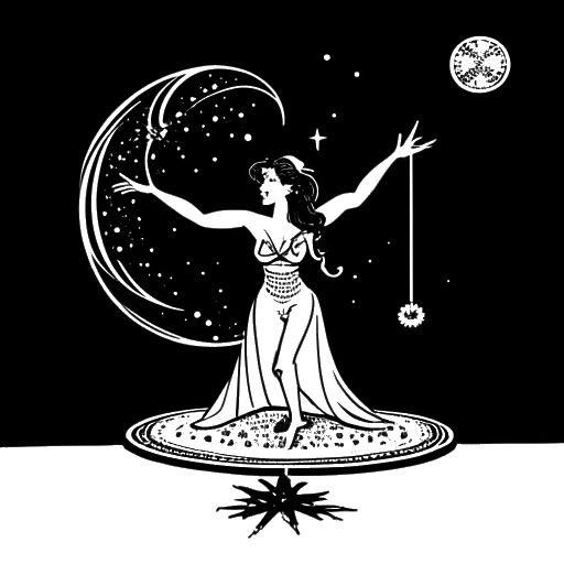 Disegno in bianco e nero di una donna, che rappresenta Anna DeGuzman, che fa magie su un palco con un simbolo zodiacale del Leone ben visibile.