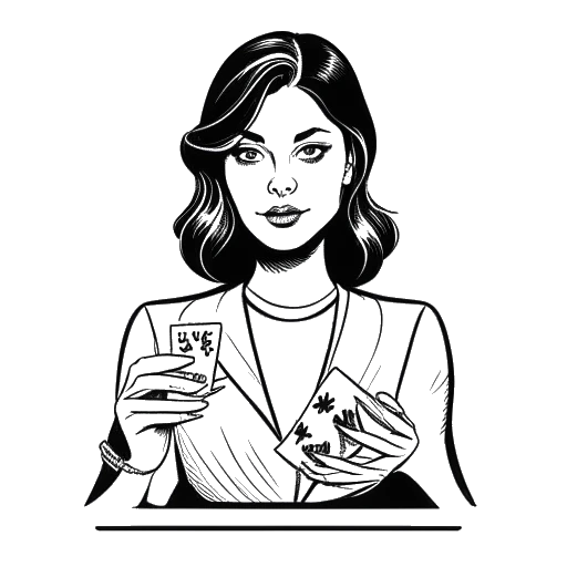 Line art drawing of a young woman, representing Anna DeGuzman, performing magic tricks with a deck of cards.