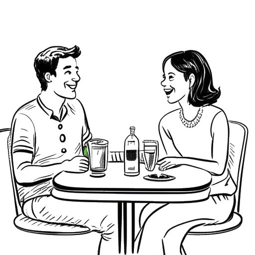 Dibujo de arte lineal de una mujer y un hombre, representando a Anna DeGuzman y Eric, disfrutando de una comida juntos en un brunch en Los Ángeles.