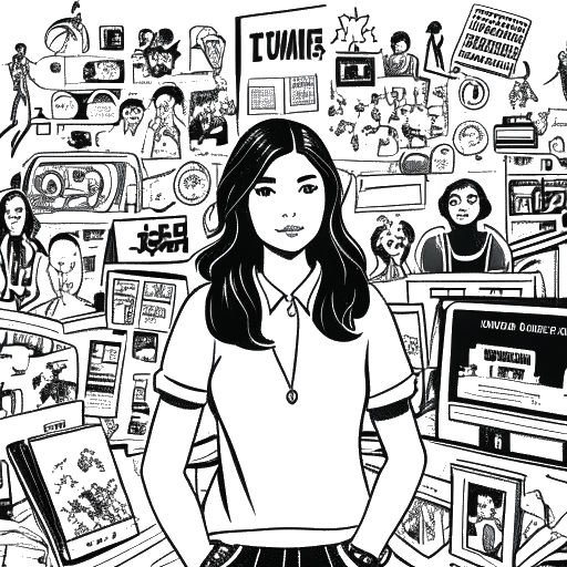 Line art drawing of a woman, representing Anna DeGuzman, standing proudly in front of logos from Disney, ESPN, MTV, and CW.