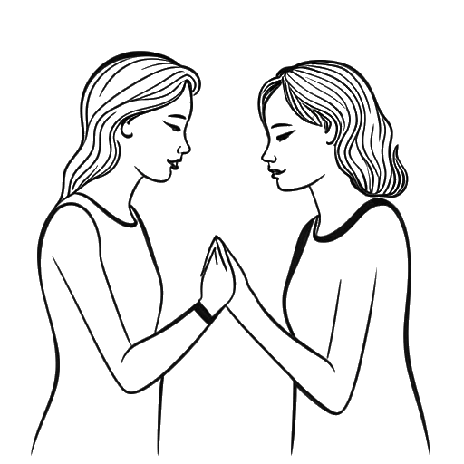 Line art drawing of a woman, representing Anna DeGuzman, holding hands with another person and looking at each other with open and vulnerable expressions.