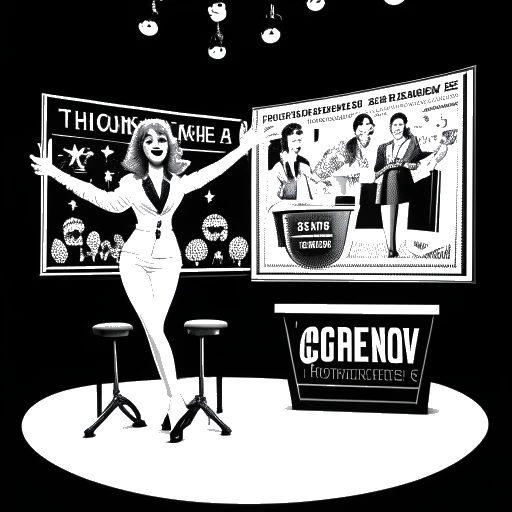 Lijntekening van een vrouw, Anna DeGuzman, die goocheltrucs uitvoert op een podium, met logo's van The Steve Harvey Show, MTV's Amazingness en CW's Penn & Teller: Fool Us zichtbaar.