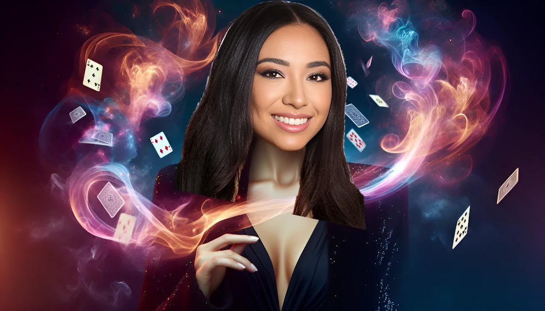 Anna DeGuzman, a mesmerizing female magician, staring confidently into the camera amidst a swirling display of playing cards and magical smoke. Her medium or tan skin tone adds to her enigmatic allure.
