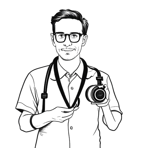 Strichzeichnung von Jonathan Apelt mit einem Stethoskop und einer Kamera in der Hand.