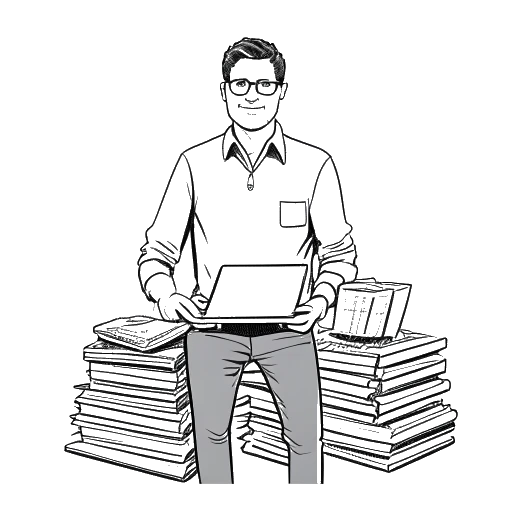 Strichzeichnung eines Mannes, der Jonathan Apelt repräsentiert. Er trägt legere Kleidung und hält einen Laptop. Geldstapel symbolisieren sein Vermögen. Der Hintergrund ist weiß.