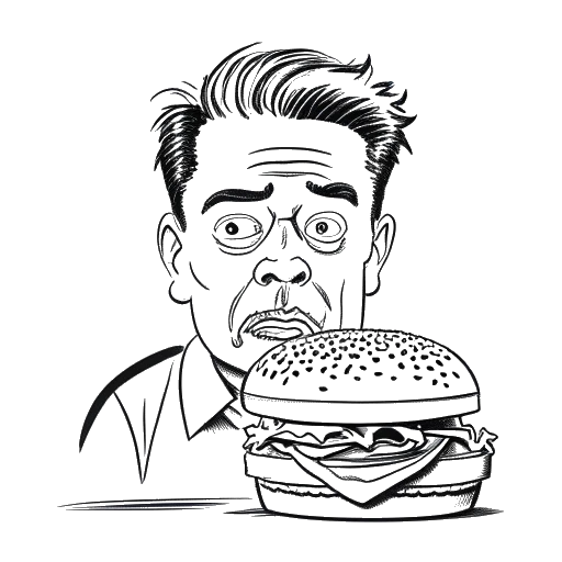 Strichzeichnung eines Mannes, der Jonathan Apelt darstellt, der angewidert aussieht, im Hintergrund ein Fast-Food-Burger und Gurken