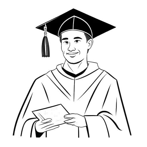 Strichzeichnung eines Mannes, der Jonathan Apelt darstellt, der eine Abschlusskappe und -robe trägt und einen Abschluss in spiritueller Heilung hält, im Hintergrund das PietSmiet-Logo