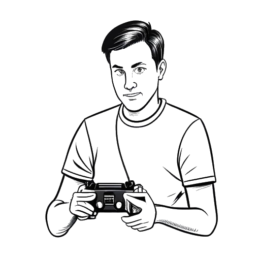 Strichzeichnung eines Mannes, der Jonathan Apelt darstellt, der einen Controller hält und ein Videospiel spielt, im Hintergrund das Football Manager-Logo