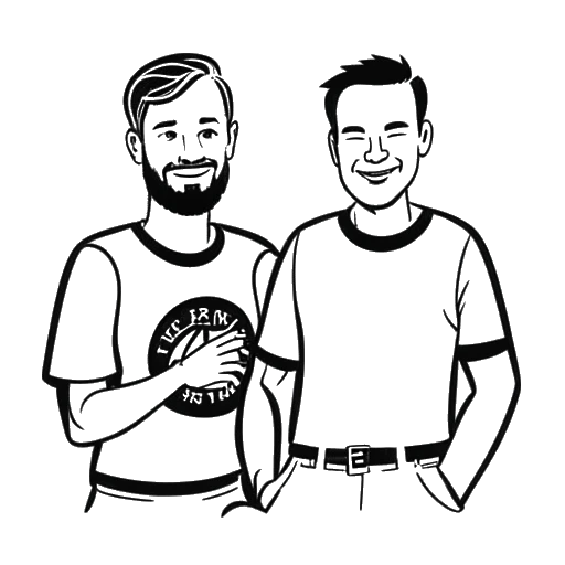 Strichzeichnung von zwei Männern, die Jonathan Apelt und seinen Bruder Jens darstellen, wobei Jens ein Kunstwerk hält und im Hintergrund das Logo der Friendly Fire Wohltätigkeitsorganisation zu sehen ist