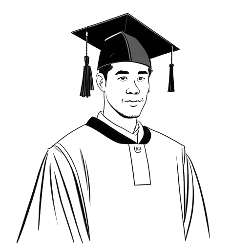 Strichzeichnung eines Mannes, der Jonathan Apelt darstellt, mit Abschlusskappe und -robe, der ein Diplom hält