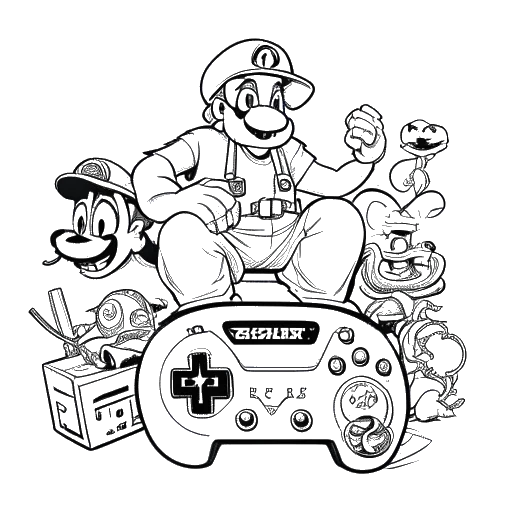 Strichzeichnung eines Mannes, der Jonathan Apelt darstellt, der einen Controller hält und Mario Kart spielt, auf dem Bildschirm sind die Charaktere Knochentrocken und Rosalina zu sehen