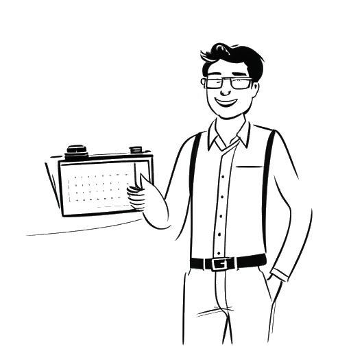 Strichzeichnung eines Mannes, der Jonathan Apelt darstellt, der eine Kamera und einen Laptop hält, im Hintergrund ein Diagramm, das eine erfolgreiche Wachstumskurve zeigt