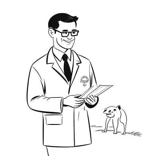 Strichzeichnung eines Mannes, der Jonathan Apelt darstellt, in einem Laborkittel, der eine Patientenakte hält, im Hintergrund eine Tierarztpraxis