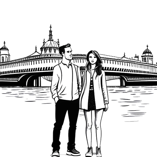 Strichzeichnung eines Mannes und einer Frau, die Jonathan Apelt und seine Frau darstellen, die vor der Kettenbrücke in Budapest stehen