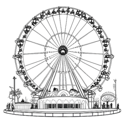 Linienkunst, die ein energiegeladenes Bühnenbild darstellt, das Travis Scott repräsentiert, mit einem Riesenrad, das auf 'Astroworld' hinweist, sich zu einem idyllischen Setup im Geist von 'Utopia' entwickelt, auf einem weißen Hintergrund.