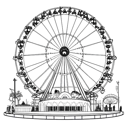 Linienkunst, die ein energiegeladenes Bühnenbild darstellt, das Travis Scott repräsentiert, mit einem Riesenrad, das auf 'Astroworld' hinweist, sich zu einem idyllischen Setup im Geist von 'Utopia' entwickelt, auf einem weißen Hintergrund.
