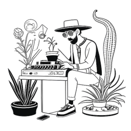 Desenho em linha de um homem elegante, representando Travis Scott, em uma mesa de mixagem, cercado por símbolos de tênis, um hambúrguer e música para capturar suas diversas empreitadas, com uma planta de cacto para sua gravadora, em um fundo branco.