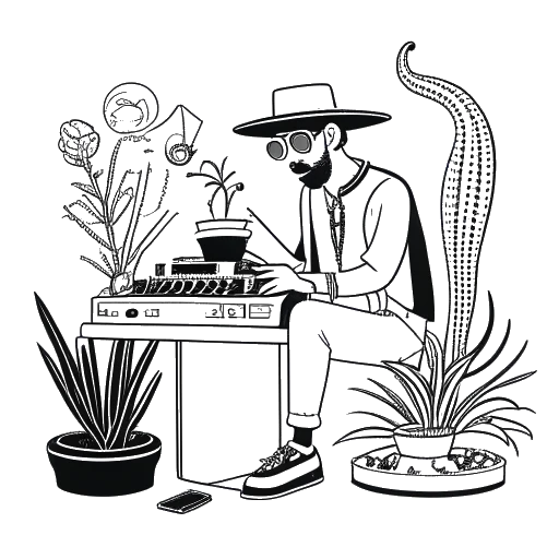 Desenho em linha de um homem elegante, representando Travis Scott, em uma mesa de mixagem, cercado por símbolos de tênis, um hambúrguer e música para capturar suas diversas empreitadas, com uma planta de cacto para sua gravadora, em um fundo branco.