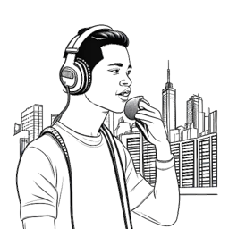 Een lijntekening van een jonge man, die Travis Scott vertegenwoordigt, met koptelefoon en microfoon, symbool voor zijn groei van New York naar Los Angeles, tegen een witte achtergrond.
