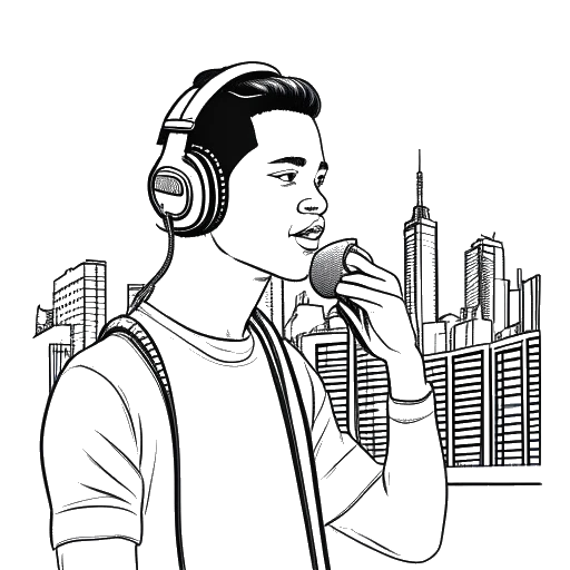 Ilustración de una línea de un joven, representando a Travis Scott, con auriculares y un micrófono, simbolizando su crecimiento desde Nueva York hasta Los Ángeles, contra un fondo blanco.
