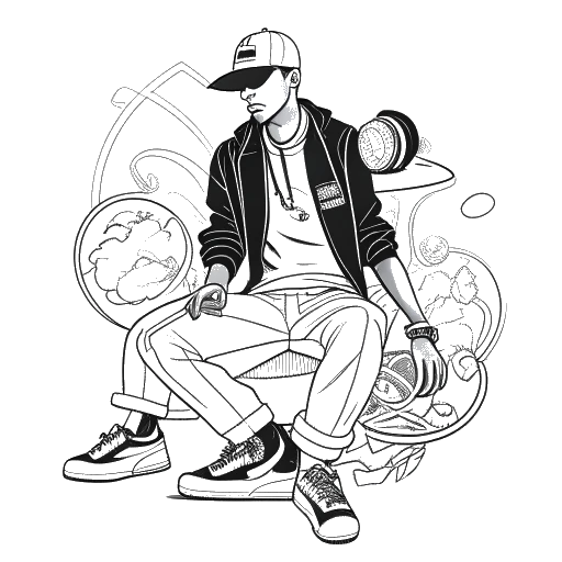 Sketch of a man representing Travis Scott, dressed in trendy street fashion, surrounded by music notes and dollar signs. Includes icons of a sneaker, gourmet burger, and a vinyl record, depicting his income sources, against a white backdrop.