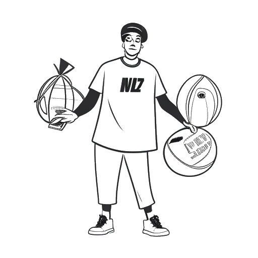 Line art drawing of Travis Scott collaborating with brands like Nike, Dior, and McDonald's