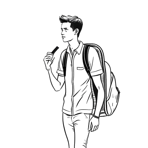 Desenho em arte linear de um jovem Travis Scott saindo do campus universitário com uma mochila e um microfone