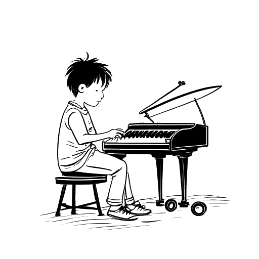 Line art drawing of a young Travis Scott learning drums and piano at age three