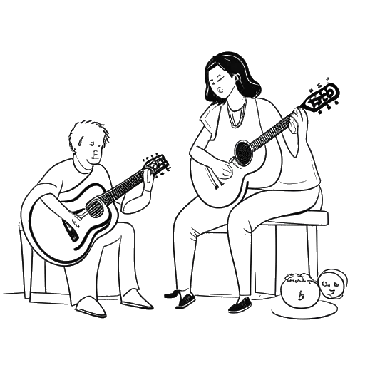 Line art drawing of Travis Scott's parents enjoying music, his mother holding an Apple logo and his father playing a guitar