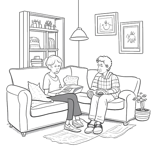 Line art drawing of a young Travis Scott with his grandmother in a living room