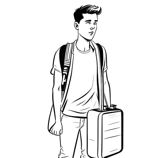 Line art drawing of a young Travis Scott relocating to NYC and LA to pursue his music dream