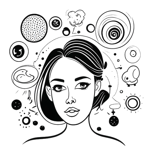 Line art drawing of a woman, representing Camilla Araujo, situated at the center of a storm created by social media symbols such as comment bubbles and shares, symbolizing controversy, against a white backdrop.
