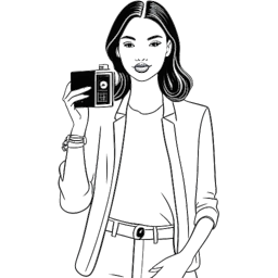 Disegno in bianco e nero di una donna, rappresentante Camilla Araujo, che posa con sicurezza indossando un abito elegante con icone dei social media e una telecamera attorno a lei, su uno sfondo bianco.