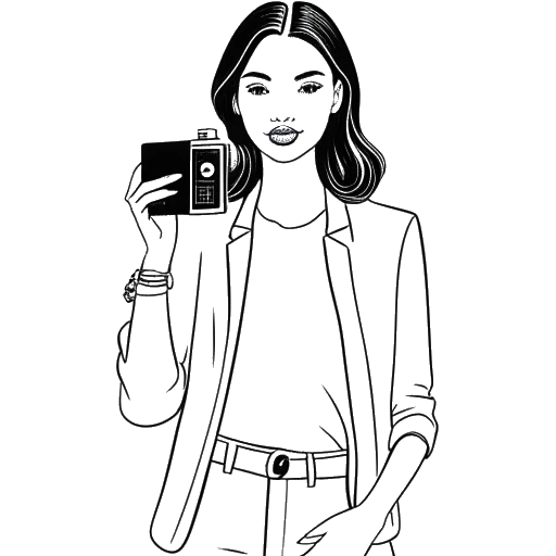 Line art drawing of a woman, representing Camilla Araujo, confidently posing in stylish attire with social media icons and a camera surrounding her, against a white backdrop.