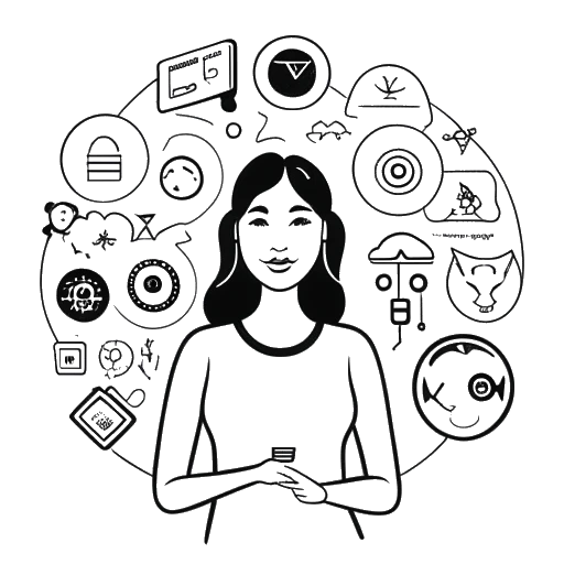 Schwarz-weiße Linienzeichnung einer Frau, die Camilla Araujo darstellt, selbstbewusst mit Social-Media-Symbolen, Modeln und Content-Plattformlogos posiert, was ihre vielfältigen Einkommensquellen veranschaulicht.