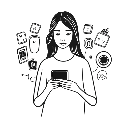 Line art drawing of a woman, representing Camilla Araujo, holding multiple smartphones with various social media logos