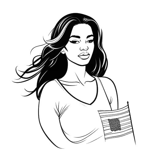 Line art drawing of a woman, representing Camilla Araujo, holding a Brazilian and American flag