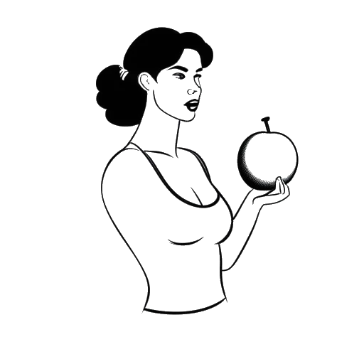 Disegno lineare di una donna, che rappresenta Camilla Araujo, con un manubrio e una mela in mano