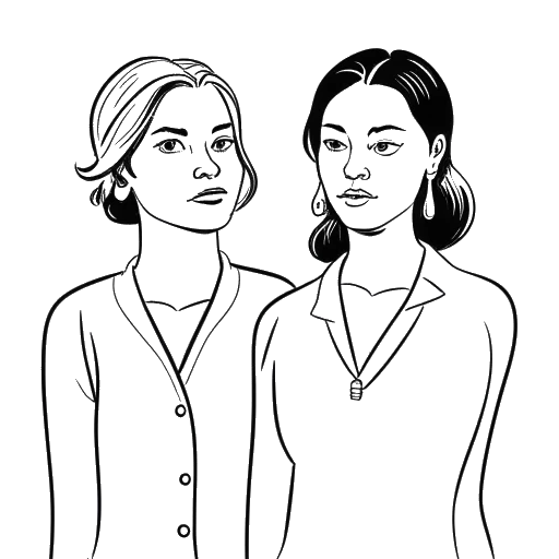 Line art drawing of a woman, representing Camilla Araujo, standing next to another woman with a stern expression
