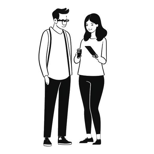 Disegno di una donna, che rappresenta Camilla Araujo, in piedi accanto a un uomo che tiene uno smartphone con il logo di OFans.