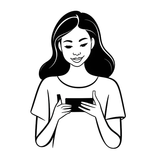 Line art drawing of a woman, representing Camilla Araujo, holding a smartphone with the OFans logo and a heart