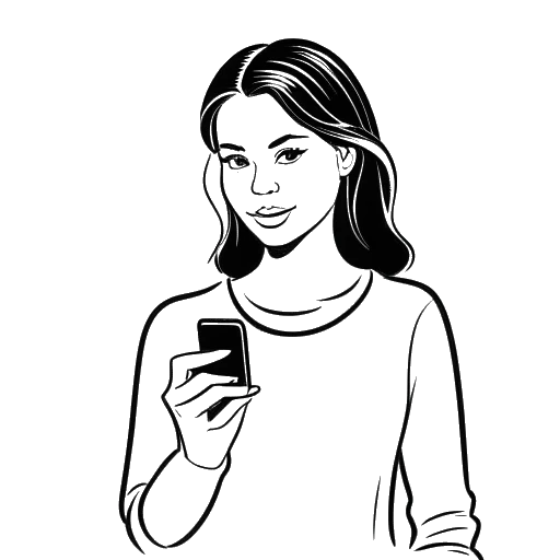 Line art drawing of a woman, representing Camilla Araujo, holding a smartphone with the OFans logo