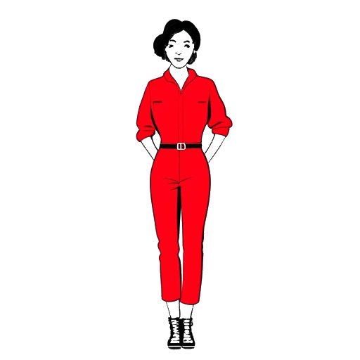 Line art drawing of a woman, representing Camilla Araujo, wearing a red jumpsuit with the number 067