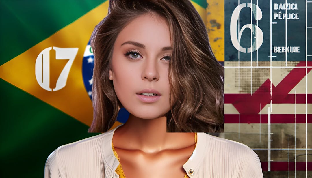 Camilla Araujo está confiante, com uma bandeira do Brasil e dos Estados Unidos ao fundo, usando uma roupa moderna e fazendo referência ao número 067 de MrBeast's Squid Game.